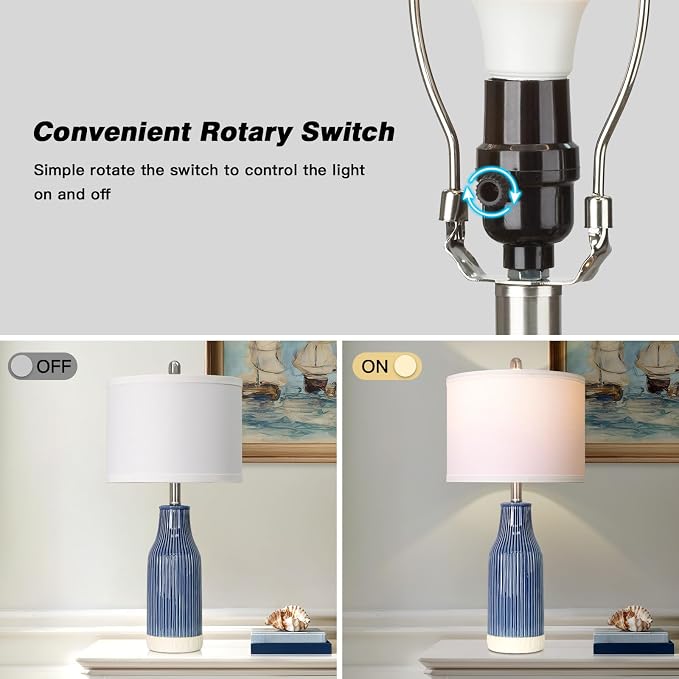 24.5" Blue Ceramic Table Lamps Set of 2 for Bedroom, Modern Table Lamps for Living Room End Table, Small Farmhouse Bedside Lamps for Nightstands (2 LED Bulbs Included)