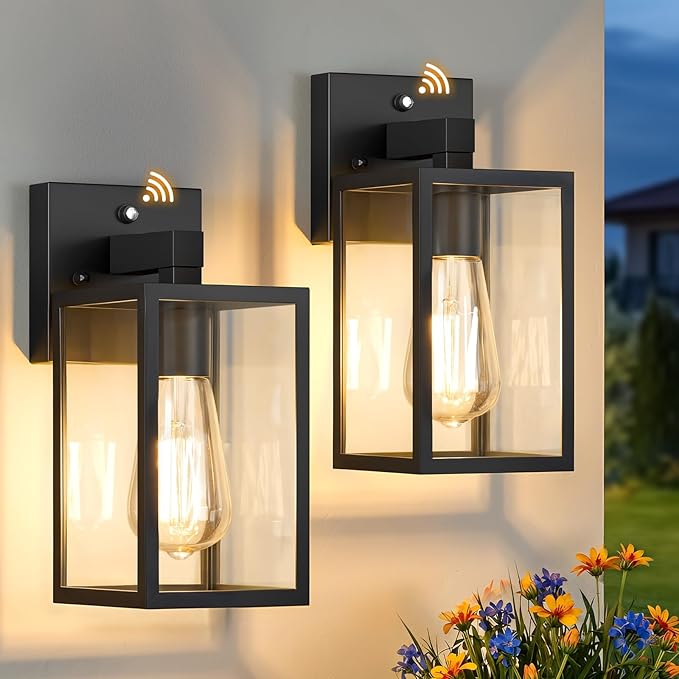 FOLKSMATE 2 Pack Dusk to Dawn Outdoor Wall Light Fixtures, Exterior Porch Light, Waterproof Wall Sconces Lanterns, Sensor Lighting Wall Mount for House Doorway Garage, Black