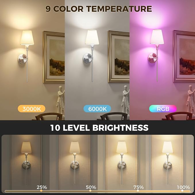 Battery Operated Wall Sconce: Set of 2 Wireless Wall Light 12000mAh | 15 Color Rechargeable Wall Sconces, Sconce Wall Decor Set of 2 for Bedroom, Living Room, Nickel, 24.6in