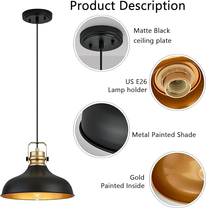 Black and Gold Pendant Lights Kitchen Island Fixtures | ETL Certificate,Industrial Adjustable Height Vintage Dome Hanging Light Fixtures for Barn,Dining Room 3 Pack