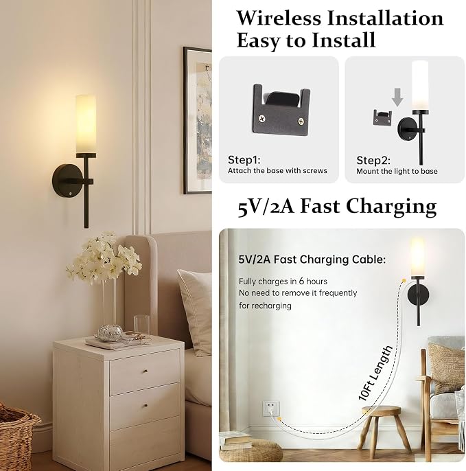 Shenmoyl Battery Operated Wall Sconces Set of 2, Black Rechargeable Wall Lighting Fixtures, Dimmable Wall Lights with Remote & Opal Glass Shade for Living Room, Bathroom,Bedroom