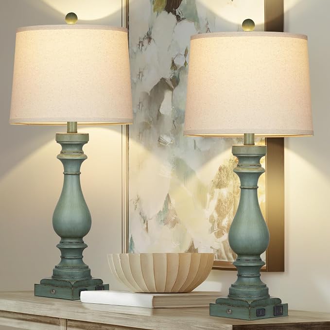 29" Tall Table Lamp for Living Room Set of 2,Vintage Bedside Nightstand Lamps with USB C+A Ports & AC Outlet,3-Way Dimmable Touch Control Retro Green Desk Lamp for Bedroom,Color 4