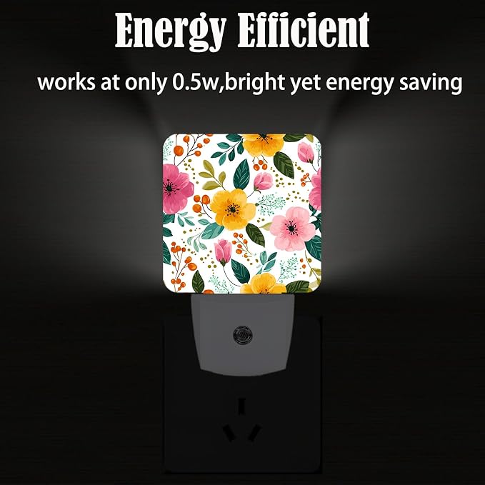 Vintage Botanical Flower Night Light,Plug Into Wall for Boys Girls Bedroom Decorative Square Night Light Lamp 0.5w Sleep Friendly