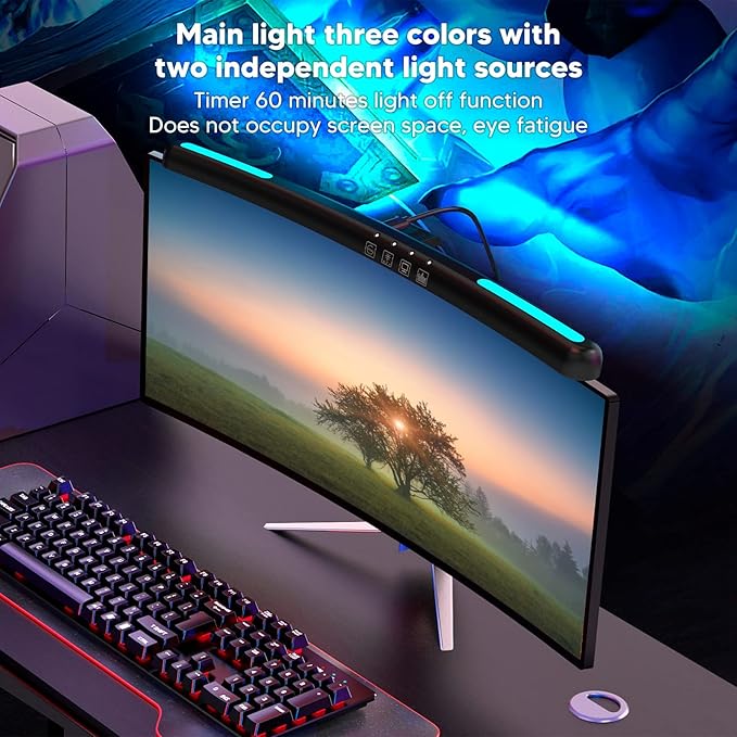 Computer Monitor Lamp, Curved Screen Monitor Light Bar for Eye Caring, Touch Dimming, No Screen Glar e, 7 Color RGB Light Effect, USB C LED Computer Lamp for Desk,Gaming