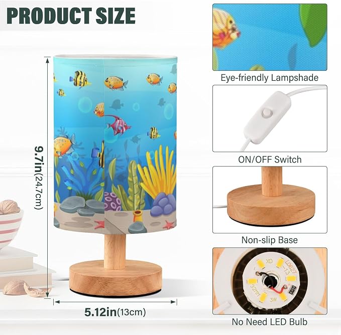 Table Lamp Colorful Underwater Sea Turtle Octopus Crab Fish Coral Aquatic Nightstand Lamp with Wood Base Fabric Lamp Shade Bedside Desk Lamp for Living Room Bedroom Kids Room Office