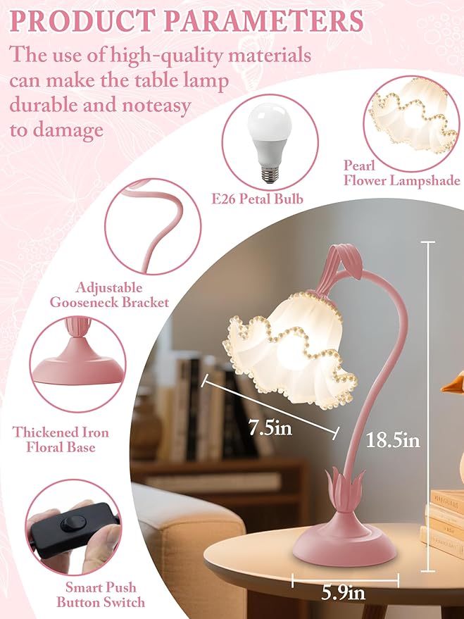 Flower Table Lamp,LED Reading Light Bedside Vintage Flower Night Light,3 Colors Modes Kawaii Bedside Lamps Decor,Living Room Bedroom Room Lighting Table Lamps Home Decoration (Pink Pearls)