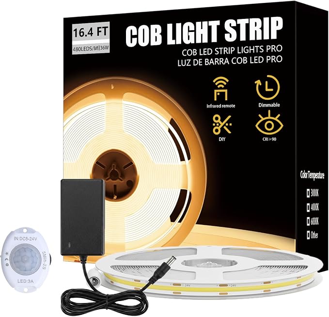 Under Bed Lights Motion Sensor COB LED Strip, 6.56Ft 3000K Warm Motion Activated LED Light Strip for Bedside, 24V Dimmable Motion Sensor Night Light COB Strip for Under Cabinet Stair Closet