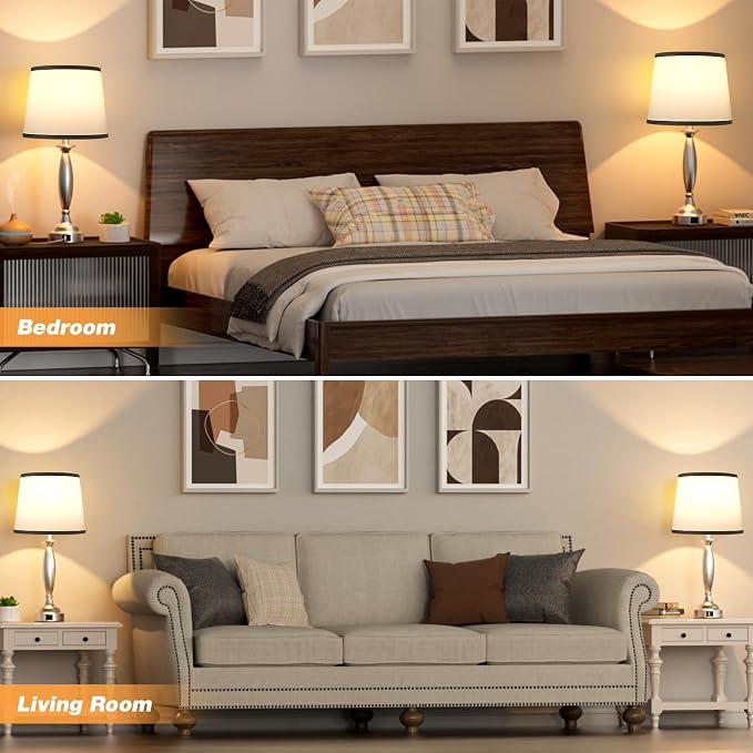 Bedroom Lamps for Nightstand, 3 Way Dimmable Silver Bedside Lamps with USB | Touch, USB C+A Ports, Bulb Included, Grayish-white Shade, Silver, Chrome, Bed Side lamps for Night Stands, Living Room
