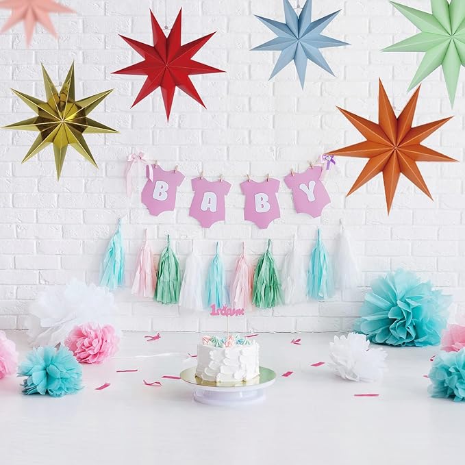 5Pack 9-Pointed Paper Star Lantern 11.8 inch Hanging Paper Lampshade for Winter Wonderland Xmas Day Decoration Wedding Birthday Party Home Decor (Multi-Colored)