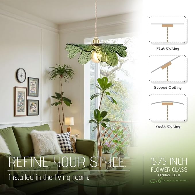 15.7" Green Glass Floral Ceiling Pendant Light Mid Century Large Hanging Light Gold Adjustable Cord Single Pendant for Kitchen Living Room Dining Table, Flower Petal Lighting