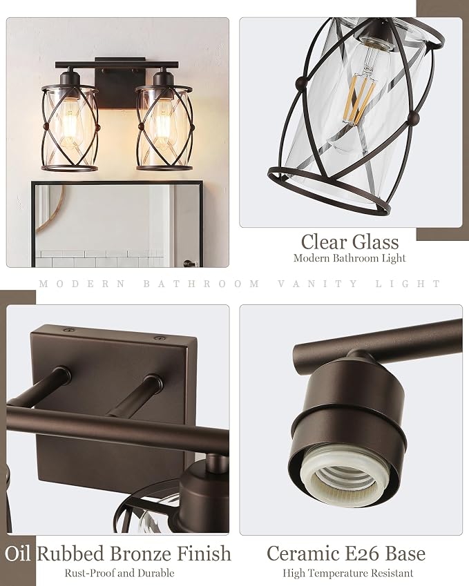 2-Light Oil Rubbed Bronze Bathroom Light Fixtures Over Mirror, 13.2" UL-Listed Modern Farmhouse Wall Sconce Lights with Clear Glass and Metal Cage for Bath, Hardwire E26, CH9176ORB-2W