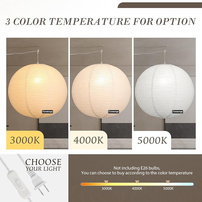 23.6in Paper Lanterns Plug in Hanging Lamp White, 19.7FT Cord | Rice Paper Lamp Lantern Pendant Light Large Globe Japanese Japandi Wabi Sabi Chandelier for Dining Living Room Bedroom 2 Pack
