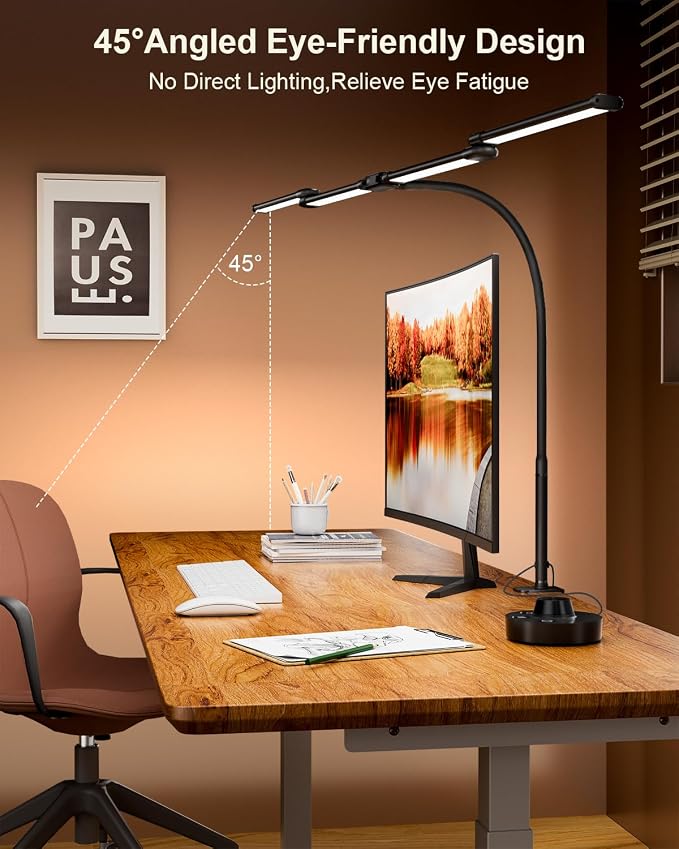 Desk Lamp Clamp Light 24W, Ultra Wide 4 Head Bars, 5 Color Modes Dimming, Multi-Screen Setup for Office, Architect, Black, Aluminum, Adapter Included