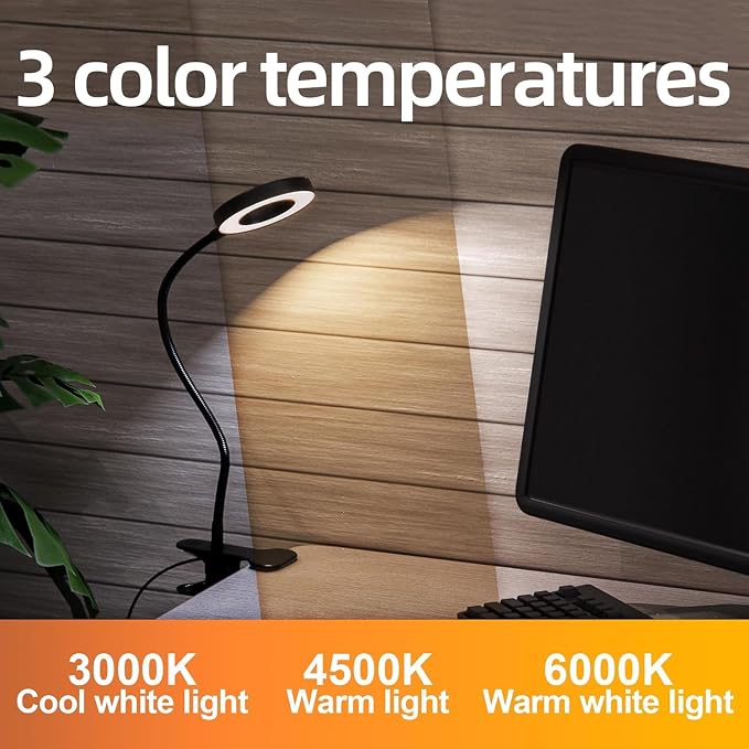 Foneso Desk Lamp Clip on Light, 48 LEDs USB Lamp with 3 Color Modes 10 Brightness Levels, 360° Flexible Gooseneck Eye Protection Bed Night Light for Reading, Makeup, Office, Pack of 2