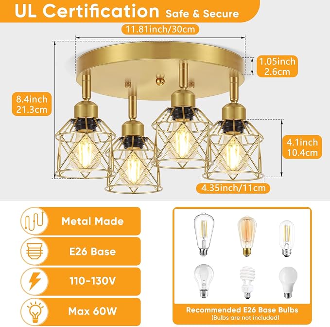 Baocuz 4-Light Brushed Gold Kitchen Light Fixtures Ceiling Mount, Adjustable Flush Mount Ceiling Light, Farmhouse Close to Multi-Directional Lamp for Kitchen, Hallway, Dining Room