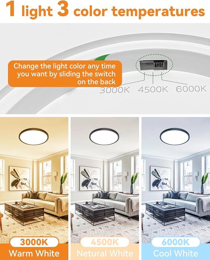 slochi LED Flush Mount Ceiling Light Fixture, 12Inch 28W LED Light, Dimmable & 3000K/4500K/6000K 3 Color Adjustable Round Light 3200LM Low Profile Ceiling Light Fixtures for Kitchen Bedroom