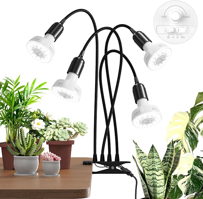 Barrina Orbgrow OG11A4 Clip On Grow Light for Indoor Plants, 5000K 44W | Integrated Stepless Dimming & Timing, Full Spectrum, High PPFD, 4 Goosenecks with E26 Plant Light Bulbs