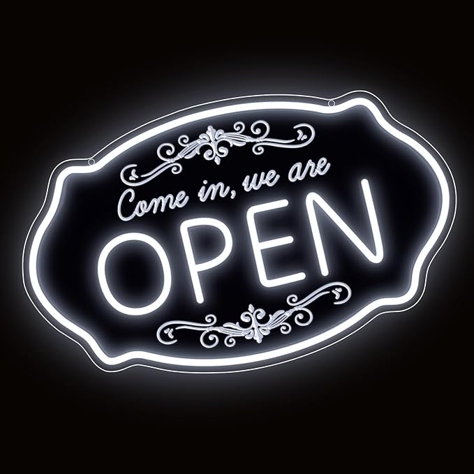 LED Neon Open Sign for Business, 16.5x10'' Come in We’re Open Sign, Daylight White Adjustable Brightness Neon Lights for Party, Bar, Salon, Stores, Hotel, Wall Decor, Clubs, Hotels