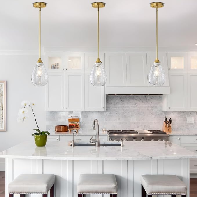 Glass Pendant Lights Kitchen Island, 1-Light Modern Brushed Gold Pendant Light Fixtures with Hammered Glass and Rods, Small Hanging Light for Kitchen Sink Dining Room Bathroom