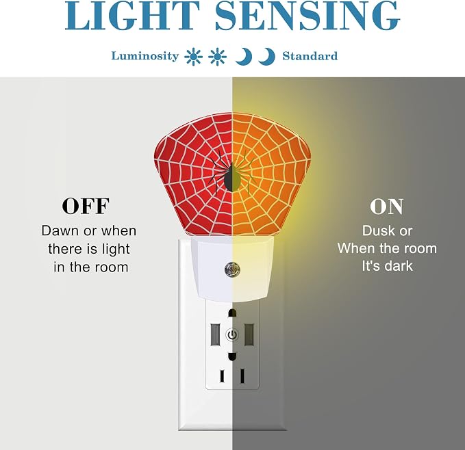 Black Spider Night Light for Kids, White Spider Web LED Night Light Plug into Wall with Dusk to Dawn Sensor for Girls Boys Women Men Room, Hallway, Kitchen, Bathroom, Stairs Decor