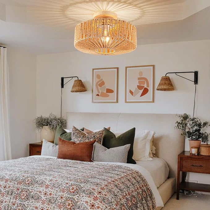 Boho Rattan Ceiling Light - Flush Mount Mini Chandelier Woven Light Fixture for Bedroom, Hallway, Entryway, Bathroom, Nursery
