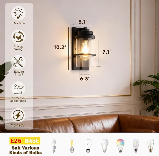 Modern Farmhouse Black Wall Sconce,Glass Wall Light Fixture,E26 | Industrial hardwired indoor fixture,ideal for bedroom,hallway,bathroom and living room,modern style home decor with E26 base.