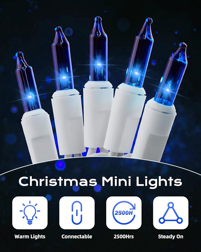 Brightown Blue Christmas Mini String Lights, 100-Count 20ft Incandescent Bulb Halloween Fairy Lights for Indoor Holiday Decor, Christmas Tree Garland Wedding Party Multi-Use Decoration, White Wire