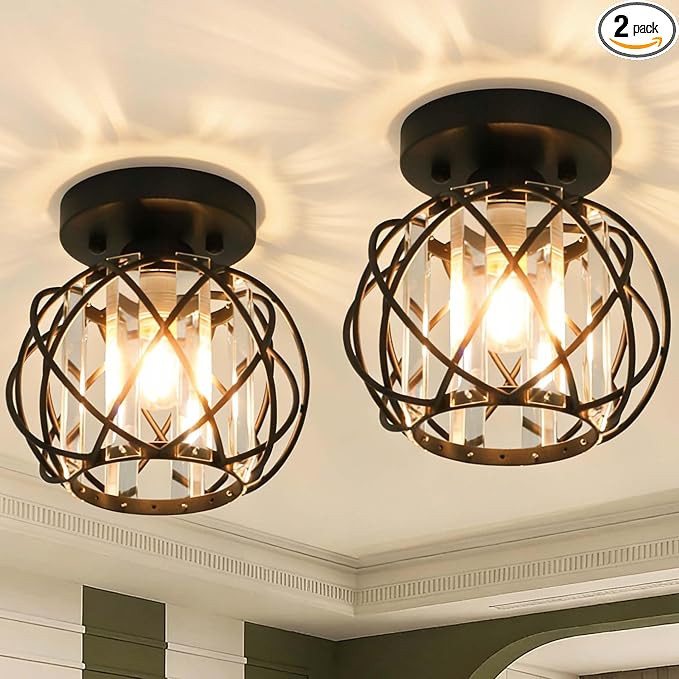 Hallway Ceiling Light Fixtures,Flush Mount Ceiling Light Fixture E26 Ceiling Lighting with Crystal Small Chandelier Indoor Lighting for Foyer Entryway Bedroom Closet Living Room 2Pack