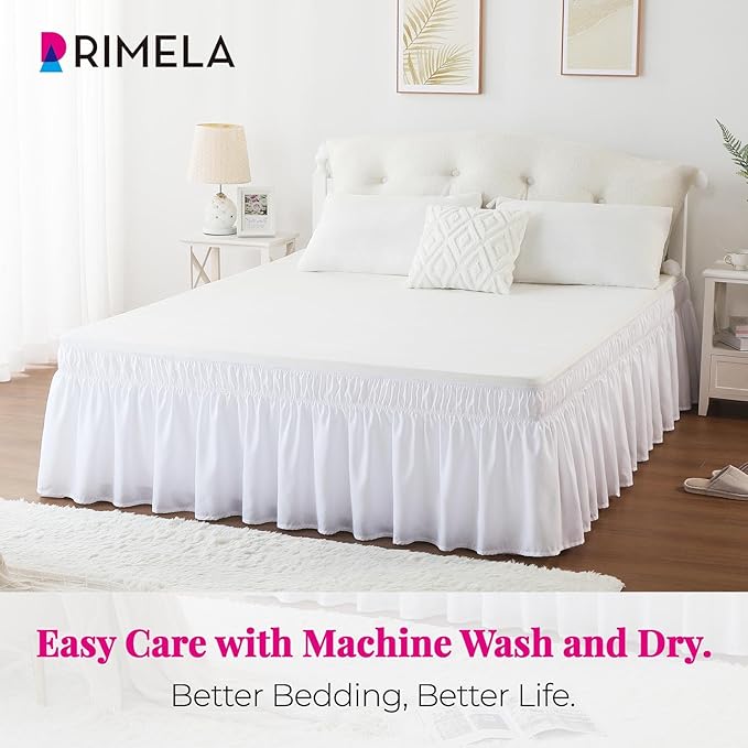 RIMELA Queen Bed Skirt 14 Inch Drop White, Wrap Around Elastic Bed Skirts Queen Size Dust Ruffle, Bedskirt for Adjustable Bed Base Solid Silky Fabric Machine Washable Easy to Install