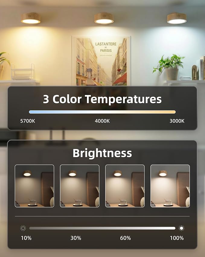 EZVALO LED Wall Mounted Light, 3000mAh Rechargeable Cordless Wall Sconce, Dimmable with Remote & Touch Control, 3 Color Temps, 360° Rotatable for Bedroom, Bedside, Reading(Wood, 2Pack)