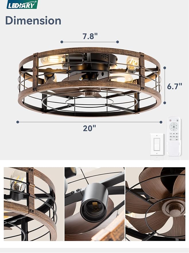 LEDIARY 20" Caged Ceiling Fan with Light and Remote, Low Profile Flush Mount Fandelier, Black Gold Bladeless Enclosed Small Fan Lights Ceiling Fixtures, Rustic Farmhouse Style for Bedroom, Outdoor