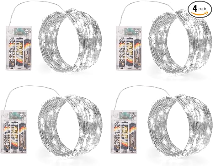 White Fairy Lights Battery Operated (Included), 8 Modes & Auto Timer, 4 Packs 5m 50Led Mini Twinkle Silver Wire Firefly Starry Lights, Waterproof Battery Operated Lights for Tree Bottle Party