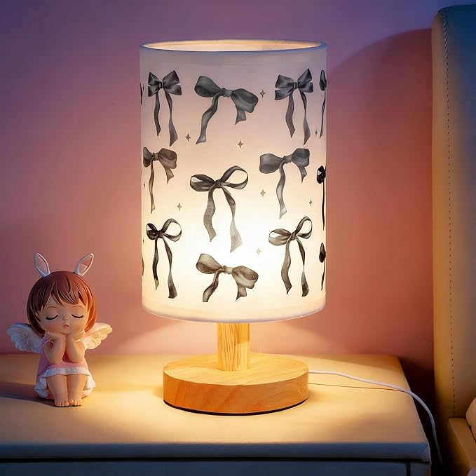 Lonfliness Black Bow Kids Table Lamp Kids Bedside Lamp Bedroom LED Night Light with Linen Wooden Nightstand Cartoon Nursery Lampshade for Girls Boys Living Room
