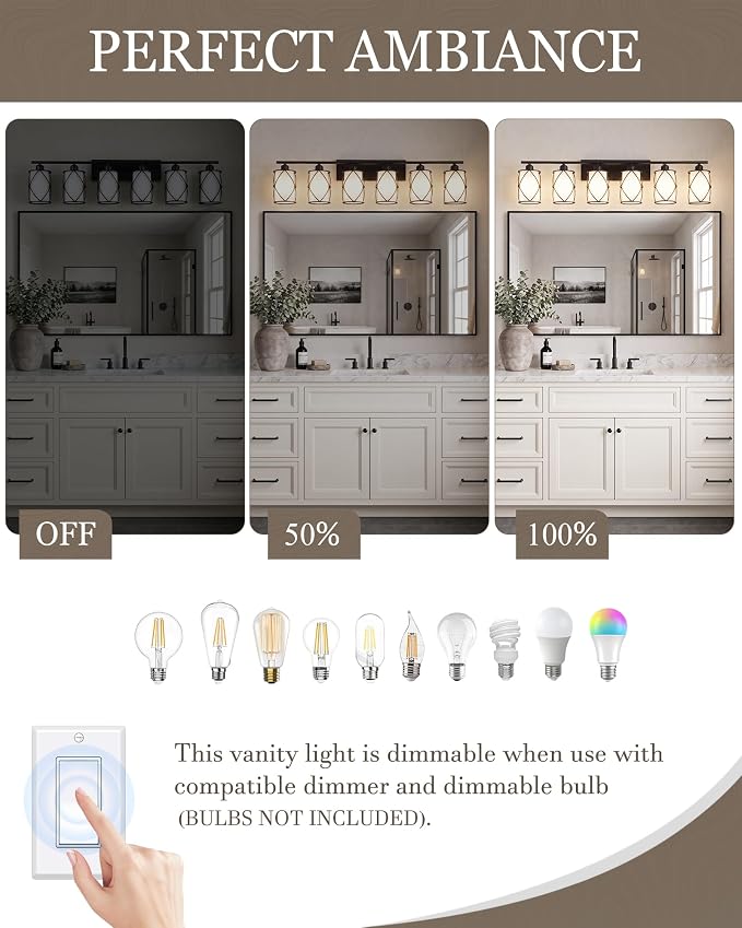6-Light Matte Black Bathroom Light Fixtures Over Mirror, 42" UL-Listed Modern Farmhouse Wall Sconce Lights with Milk White Frosted Glass and Metal Cage for Bath, Hardwire E26, CH9176BKW-6W