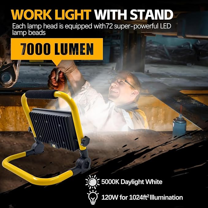 LED Work Lights with Stand, Adjustable Work Light, (1 Adjustable Head) | Waterproof Foldable Tripod, 6,500 Kelvin, Extended Cord for Outdoor & Indoor Job Sites, Workshops