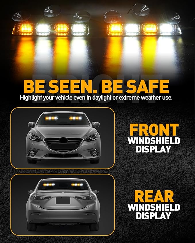 HLauto 2002L Emergency Dash Strobe Lights: Amber White Safety Lights, Flashing Warning Hazard Windshield Visor Traffic Light Bars for Trucks, Construction Vehicles (2x8.5 inch, 48LED)