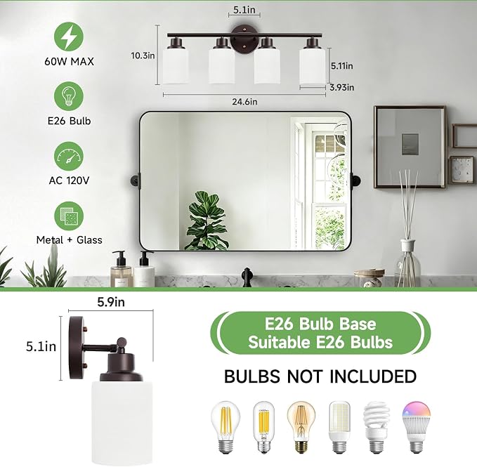 4-Light Bathroom Light Fixtures, Vanity Lights for Mirror with Textured Milky White Glass Shade, Modern Kitchen Light Fixtures Wall Sconce Light - E26 Base - Oil-Rubbed Bronze