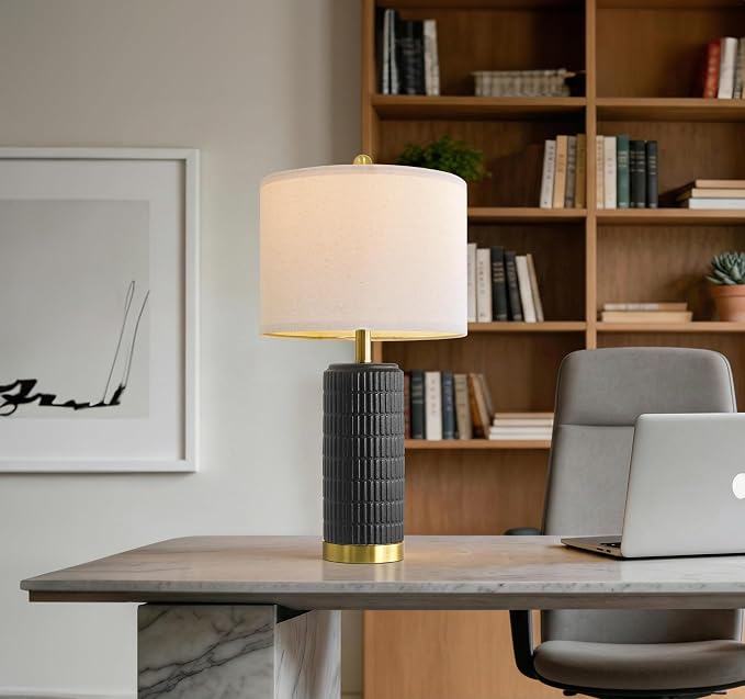 PoKat 25'' Black Ceramic Table Lamps Set of 2 with Gold Base for Bedroom Living Room, Farmhouse Matte-Textured Bedside Lamps for Nightstand Sideboard End Table with Stone-Like Design (Matte Black)
