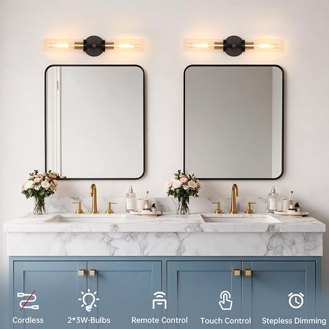 Shenmoyl Battery Operated Wall Sconces Set of Two,21" Black & Gold Rechargeable Wall Lighting Fixtures, Dimmable Wall Lights with Remote & Clear Glass Shade for Living Room,Bathroom,Bedroom