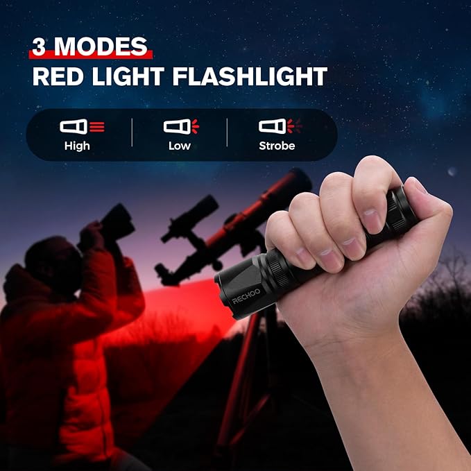 RECHOO Red Light Flashlight, High-Powered 3 Modes Red LED Rechargeable Flashlights with Clip & Lanyard, Zoomable and Portable Red Flashlights for Hunting, Astronomy, Aviation, Night Observation