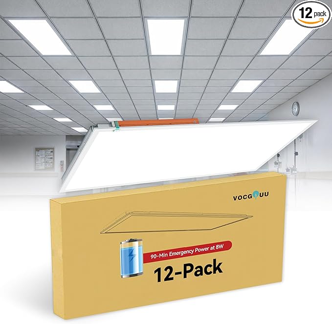 12-Pack 2x4 LED Flat Panel Light with Emergency Battery Backup, 90-Min Emergency Mode at 8W, 30W/40W/50W Wattage Switchable, 3000K/4000K/5000K Selectable, 100-277V, 0-10V Dimmable, UL & ETL
