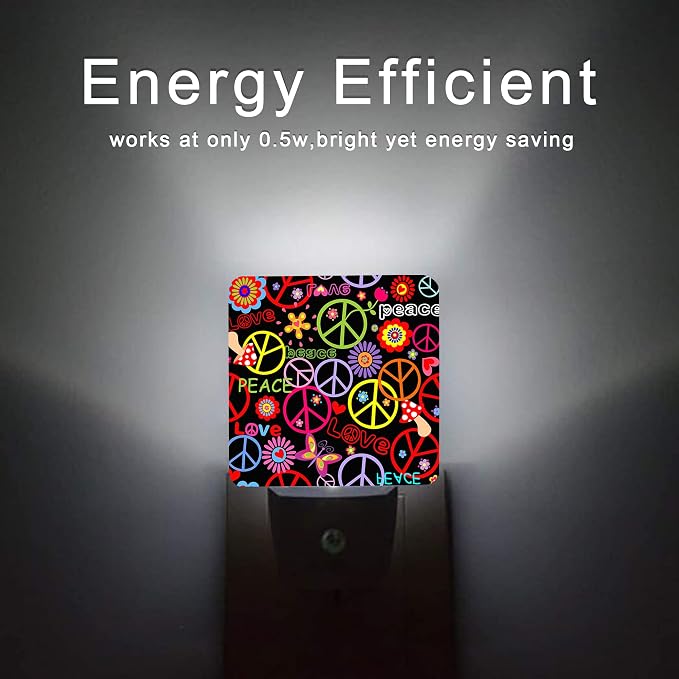Hippie Peace Flowers Night Light,Hippies Plug-in Night Lights with Dusk-to-Dawn Sensor for Bedroom, Bathroom and Living Room 0.5W Sleep Friendly lamp for for Girlfriend/Boyfriend Gift