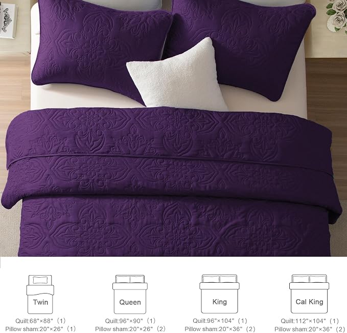 Whale Flotilla Twin Quilt Bedding Set Vintage Damask Reversible Bedspread | Suitable for Bed, 2 Pieces Purple Lightweight Breathable Quilts Twin Size, Ultrasonic Coverlet Bed Cover with 1 Pillow Sham
