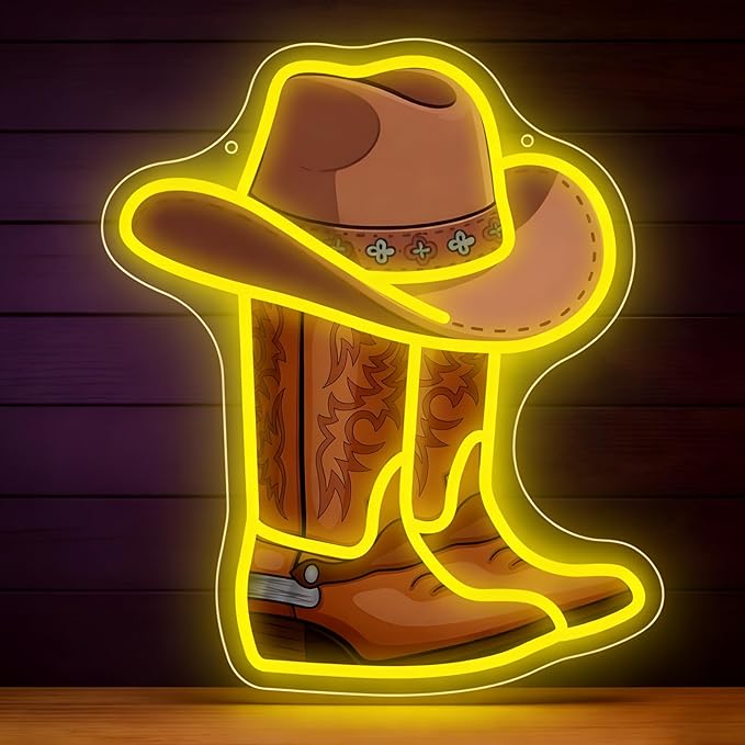 Cowboy Boot Hat Neon Sign 15.2”x13”LED Western Yellow Cowboy Boot Neon Light for Wall Decor Dimmable Hat Light Up Sign for Bedroom Game Room Man Cave Presents for Birthday Party Rodeo Enthusiast