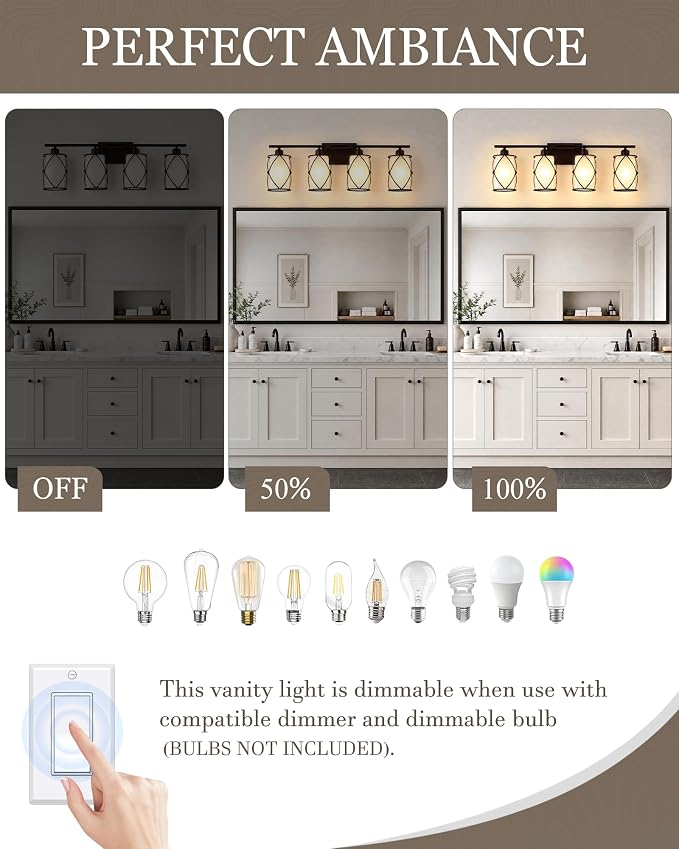 4-Light Oil Rubbed Bronze Bathroom Light Fixtures Over Mirror, 29" UL-Listed Modern Farmhouse Wall Sconce Lights with Milk White Frosted Glass and Metal Cage for Bath, E26, CH9176ORBW-4W
