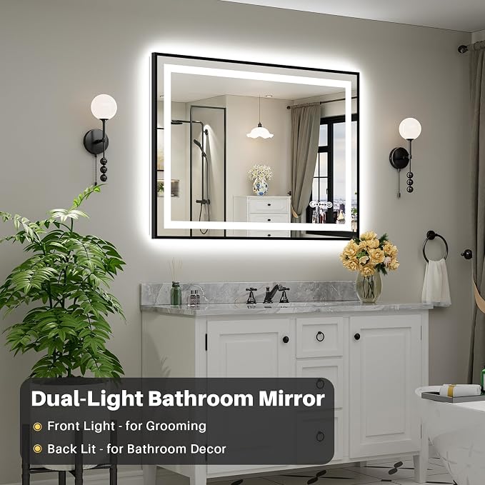 48x36 Inch LED Bathroom Mirror with Black Frame, Backlit & Front Lit | Anti-fog, 3 Color Dimmable, Memory Function, HD Reflection Tempered Glass, ETL Listed, IP54 Waterproof