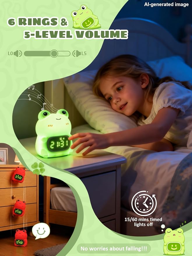 Frog Alarm Clock with Night Light for Kids, Silicone Cute Toddler Wake Clock, Rechargeable 7 Colors RGB & Warm Light, Sleep Companion for Boys Girls