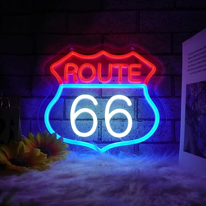 Route 66 Neon Sign, LED Light Room Decor for Bedroom Living Room Gaming Room Man Cave Home Party Birthday for Family Friends Kids