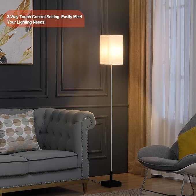 Floor Lamp, Marble Base, 3-Way Touch Control Dimmable, Linen Shade | Heavy marble base | Touch dimming | LED bulb included | Bedroom and living room lighting