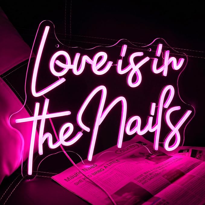 "Love is in the nails" Neon Sign Nail Neon Light Pink LED Sign Letter Neon Light Up Sign for Nail Salon Beauty Salon Makeup Room Decoration(16.5 * 12.7)